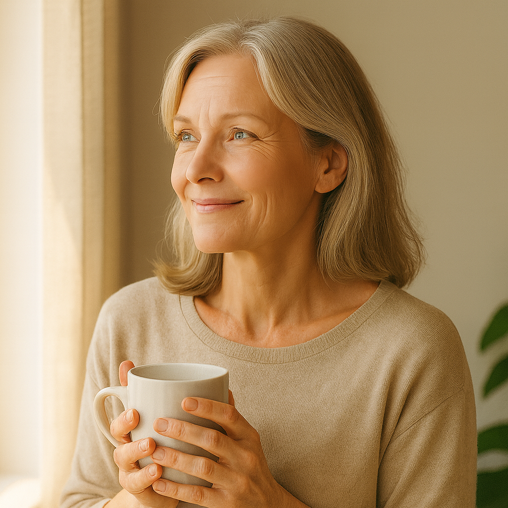 Serene woman preparing a glass of water in a bright minimalist kitchen with dark berries and leafy greens nearby, natural light, off-white and sage tones