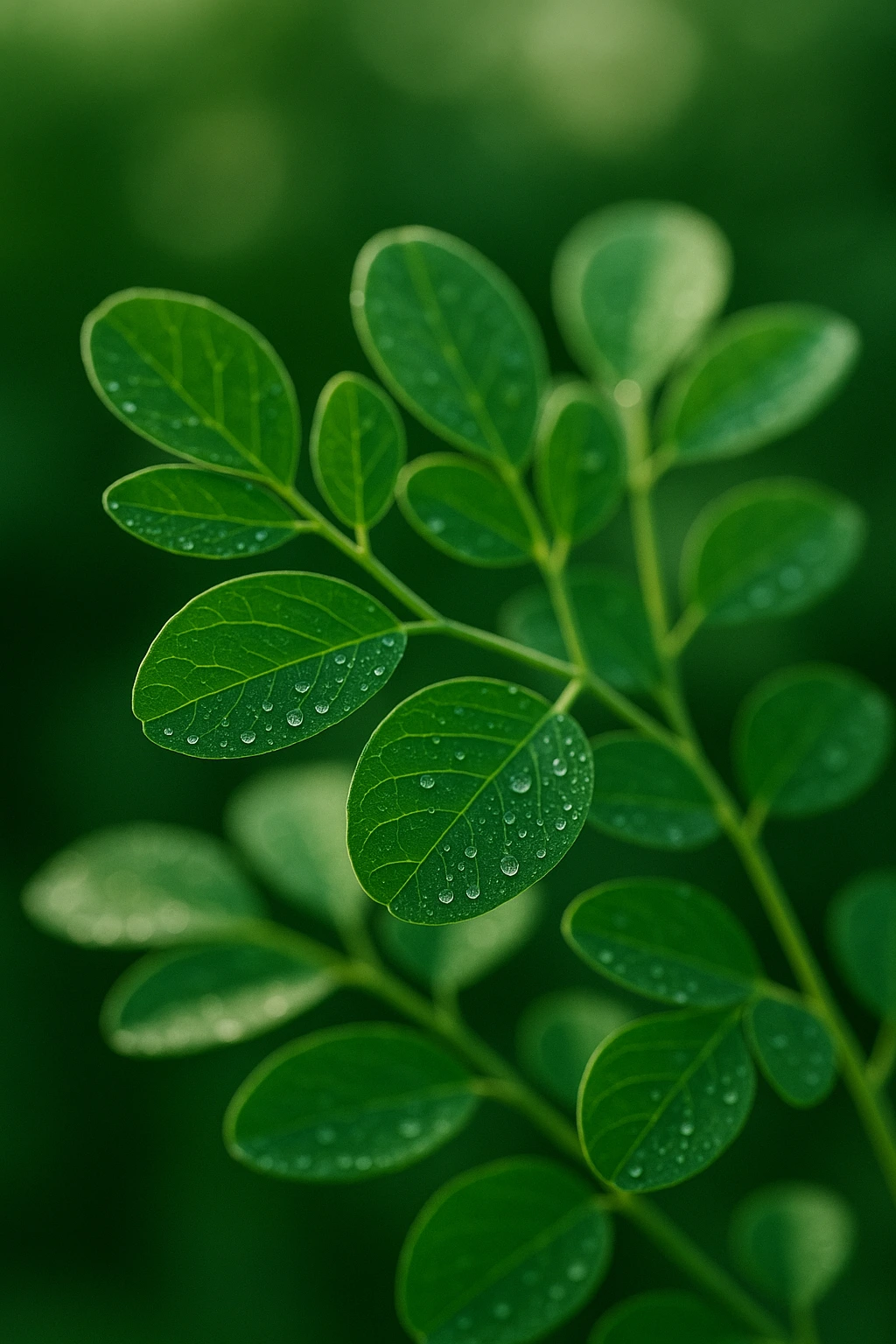 Fresh moringa leaves with morning dew, symbolizing natural energy and vitality for women.